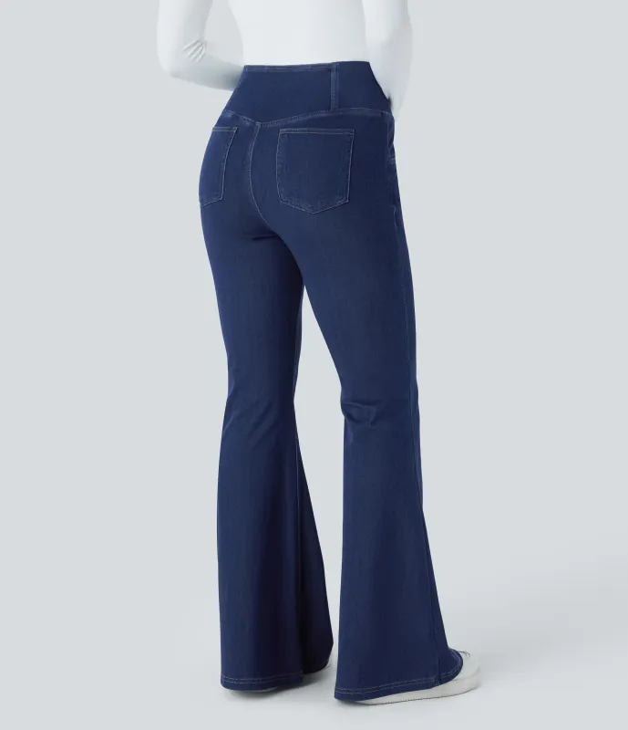 Halara Jeans Halara Flex™ Denim súper acampanado elástico lavado bolsillo cruzado tiro alto - Gloomy Blue Denim - L(regular) sold by Halara