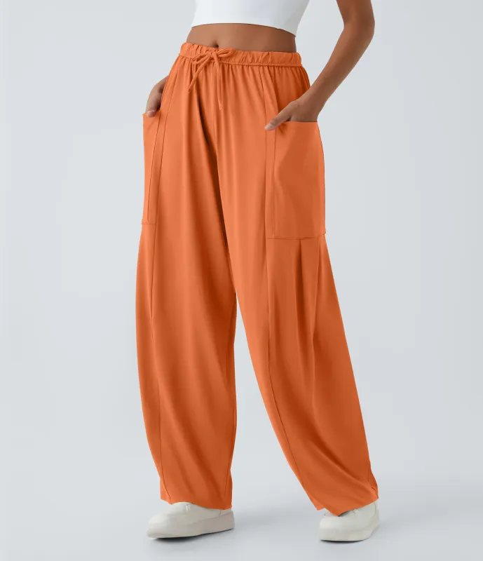Halara Pantalón pierna ancha fluido palazzo bolsillo lateral cordón ajustable cintura elástica tiro medio - Autumn Sunset - S(regular) sold by Halara