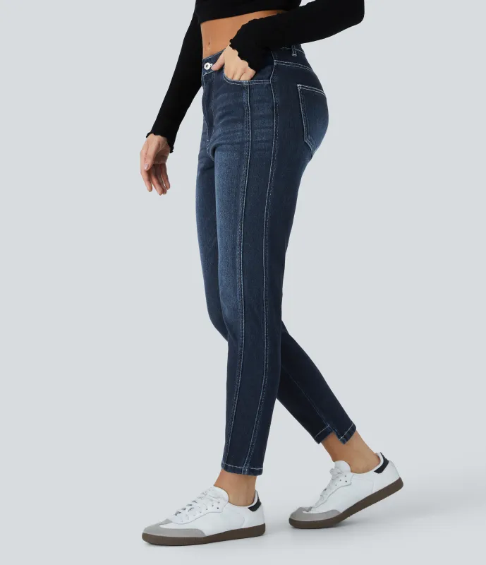 Halara Jeans Halara Flex™ ajustado elástico cremallera botón múltiple bolsillo - Paint Blue Denim - XS(petite) made by Halara