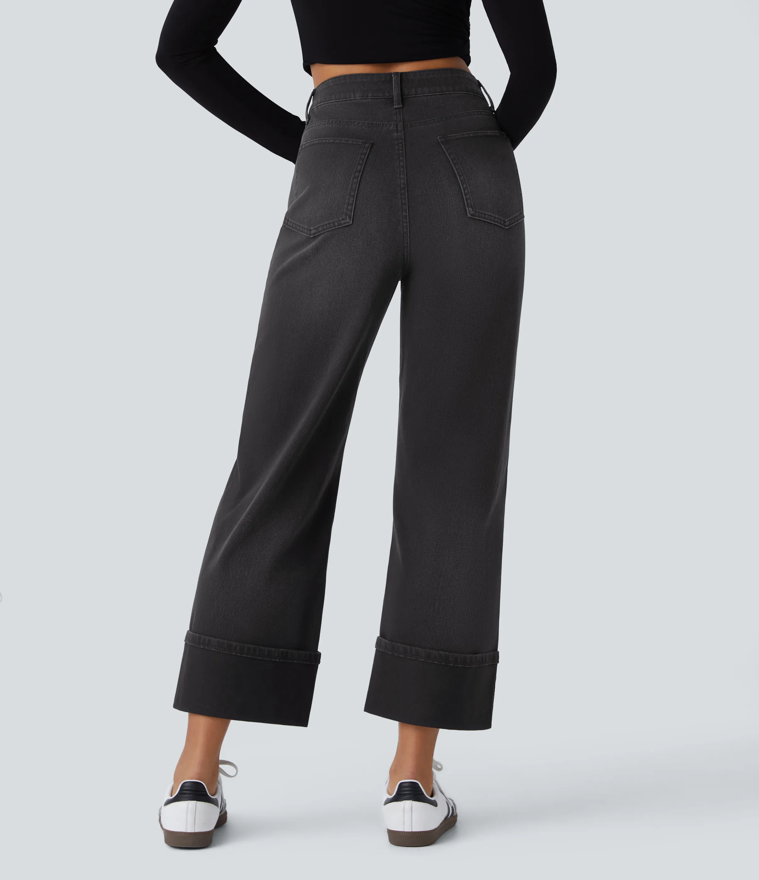 Halara Jeans casuales anchos elásticos Halara Flex™ lavados de tiro alto con varios bolsillos y dobladillo enrollado - Deep Ink Black Denim - S(regular) sold by Halara product image thumbnail 3