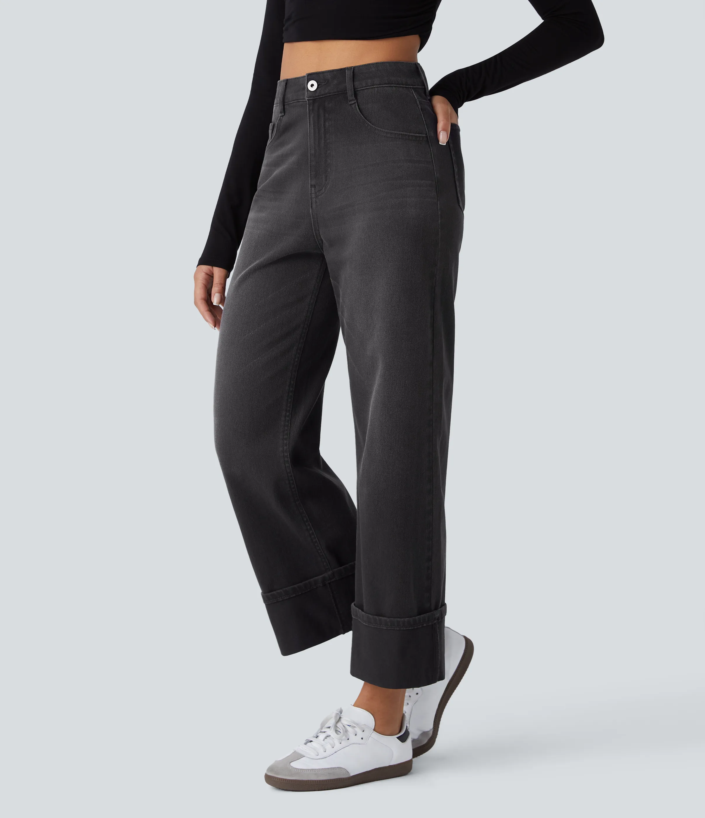 Halara Jeans casuales anchos elásticos Halara Flex™ lavados de tiro alto con varios bolsillos y dobladillo enrollado - Deep Ink Black Denim - S(regular) sold by Halara product image thumbnail 4