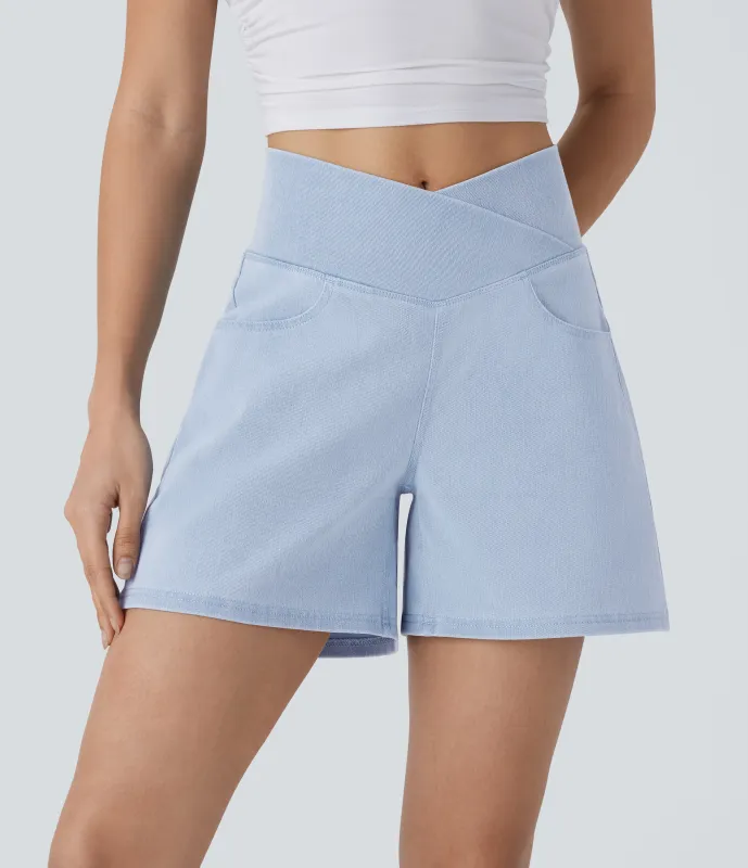 Halara Pantalón corto Halara Flex™ Denim mezclilla elástico lavado tiro alto múltiple bolsillo - Washed Denim Sunny Blue - XS(regular) sold by Halara