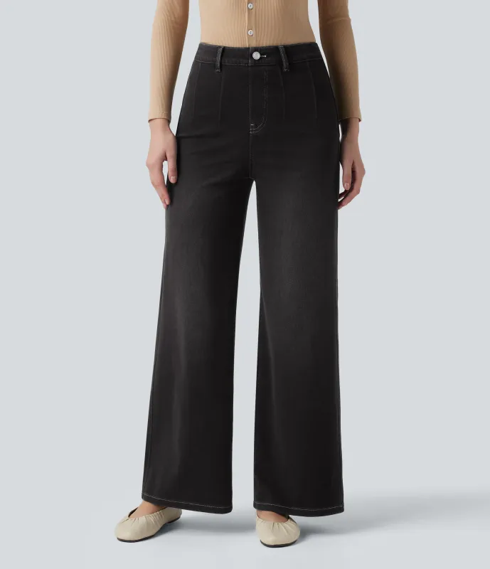 Halara Jeans casuales anchos Halara Flex™ con control de abdomen y tiro medio con bolsillos - Phantom Denim - S(regular) sold by Halara