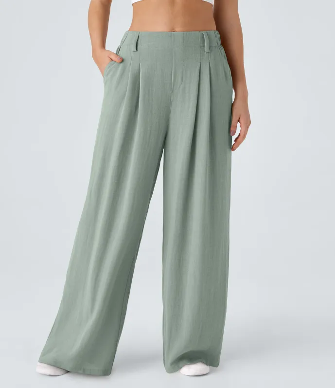 Halara Pantalón tiro alto bolsillo lateral plisado pierna ancha - Iceberg Green - S(petite) sold by Halara