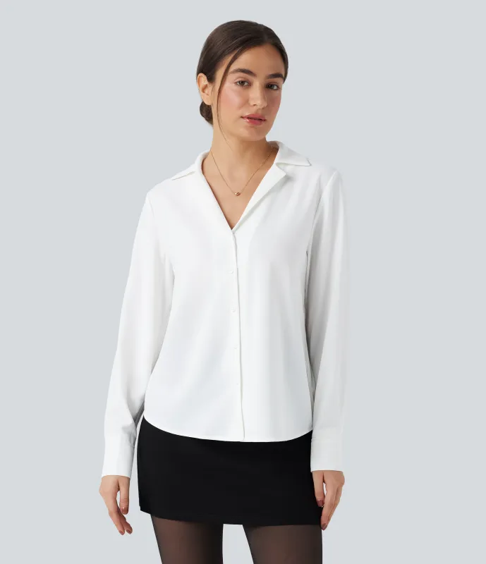 Halara Camisa de oficina de manga larga con dobladillo curvo - White - XL made by Halara