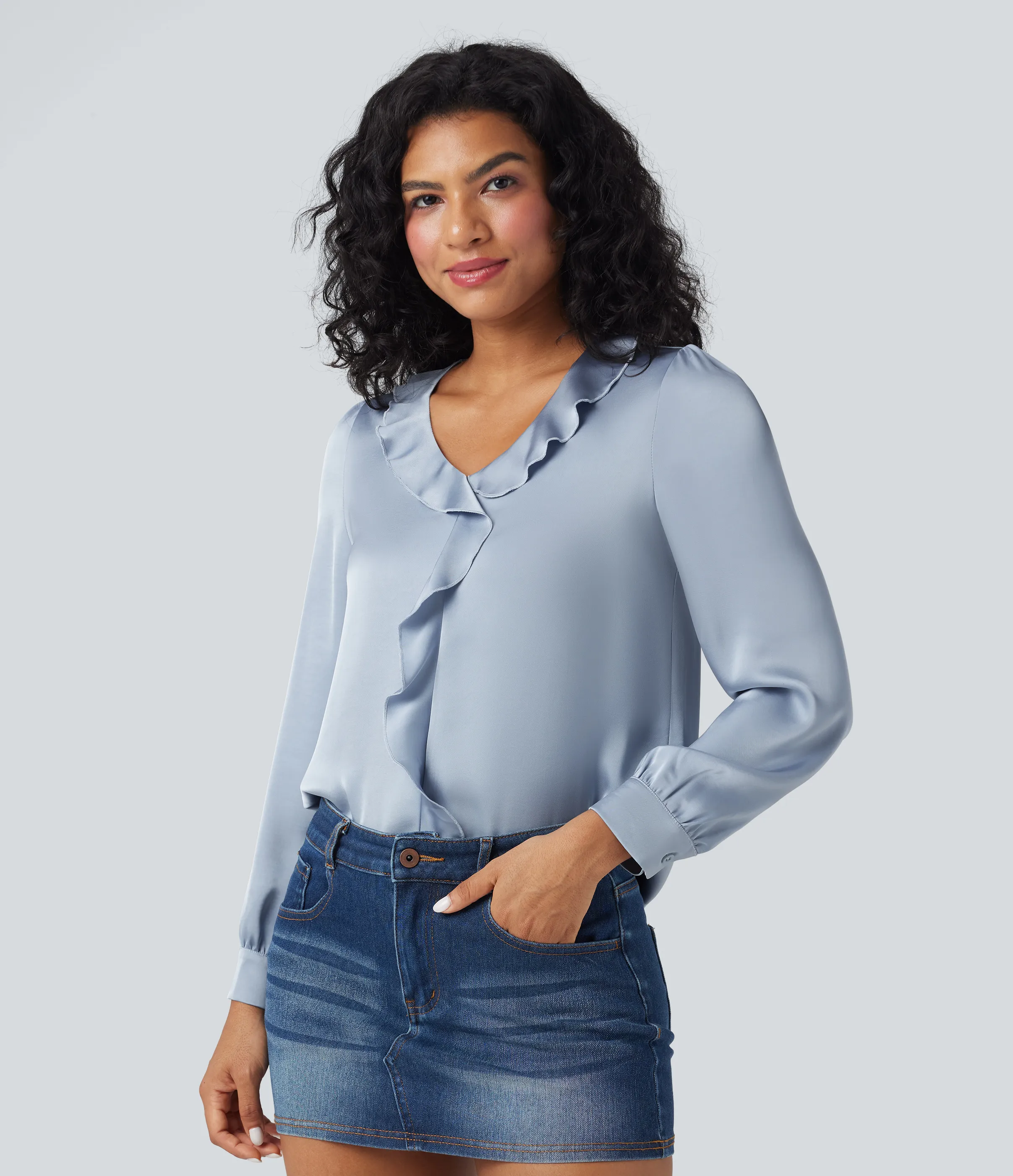 Halara Camisa casual de satén con cuello en V y manga larga con ribete de volantes - Sheer Blue - L sold by Halara product image thumbnail 2