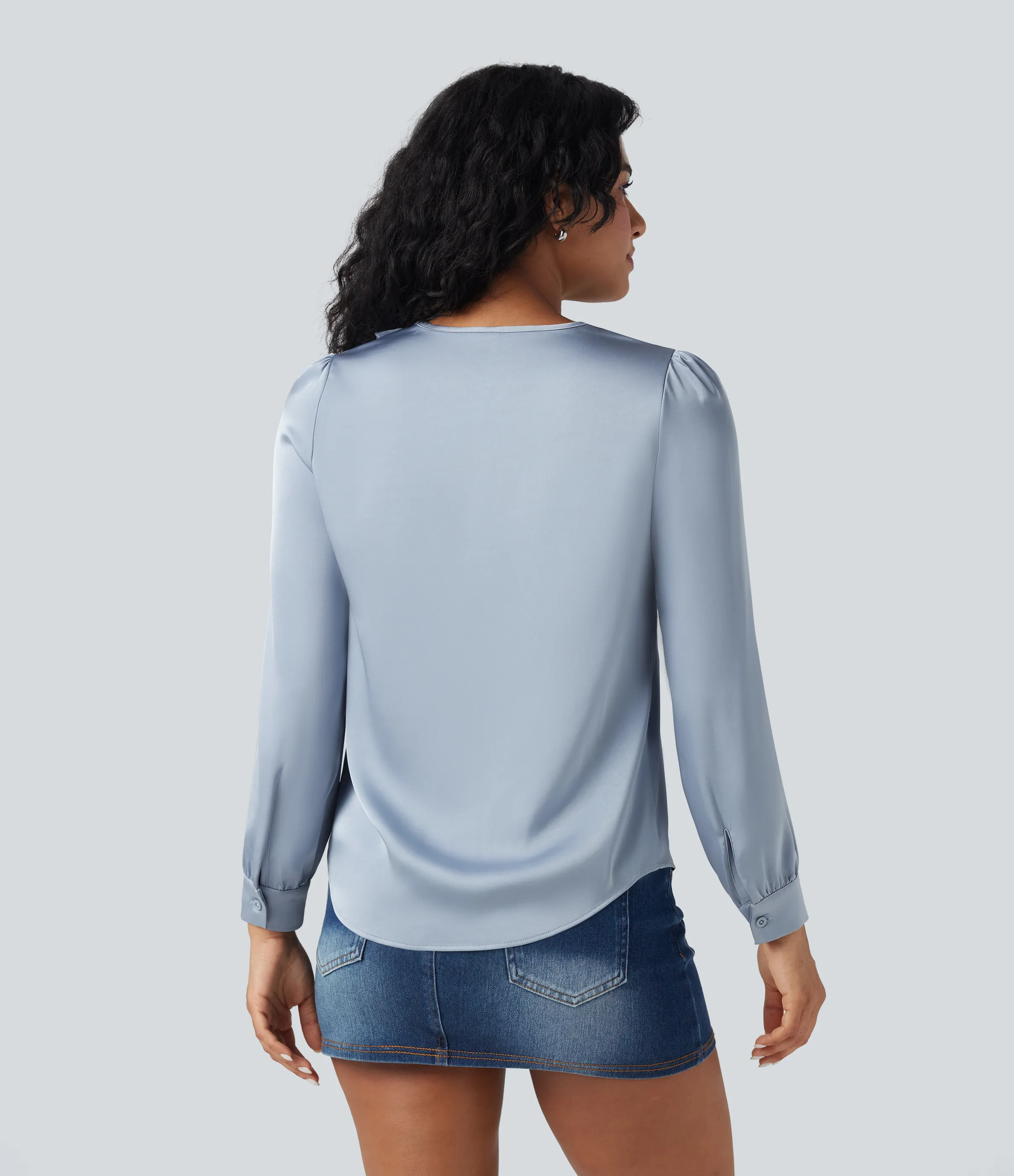 Halara Camisa casual de satén con cuello en V y manga larga con ribete de volantes - Sheer Blue - L sold by Halara product image thumbnail 3