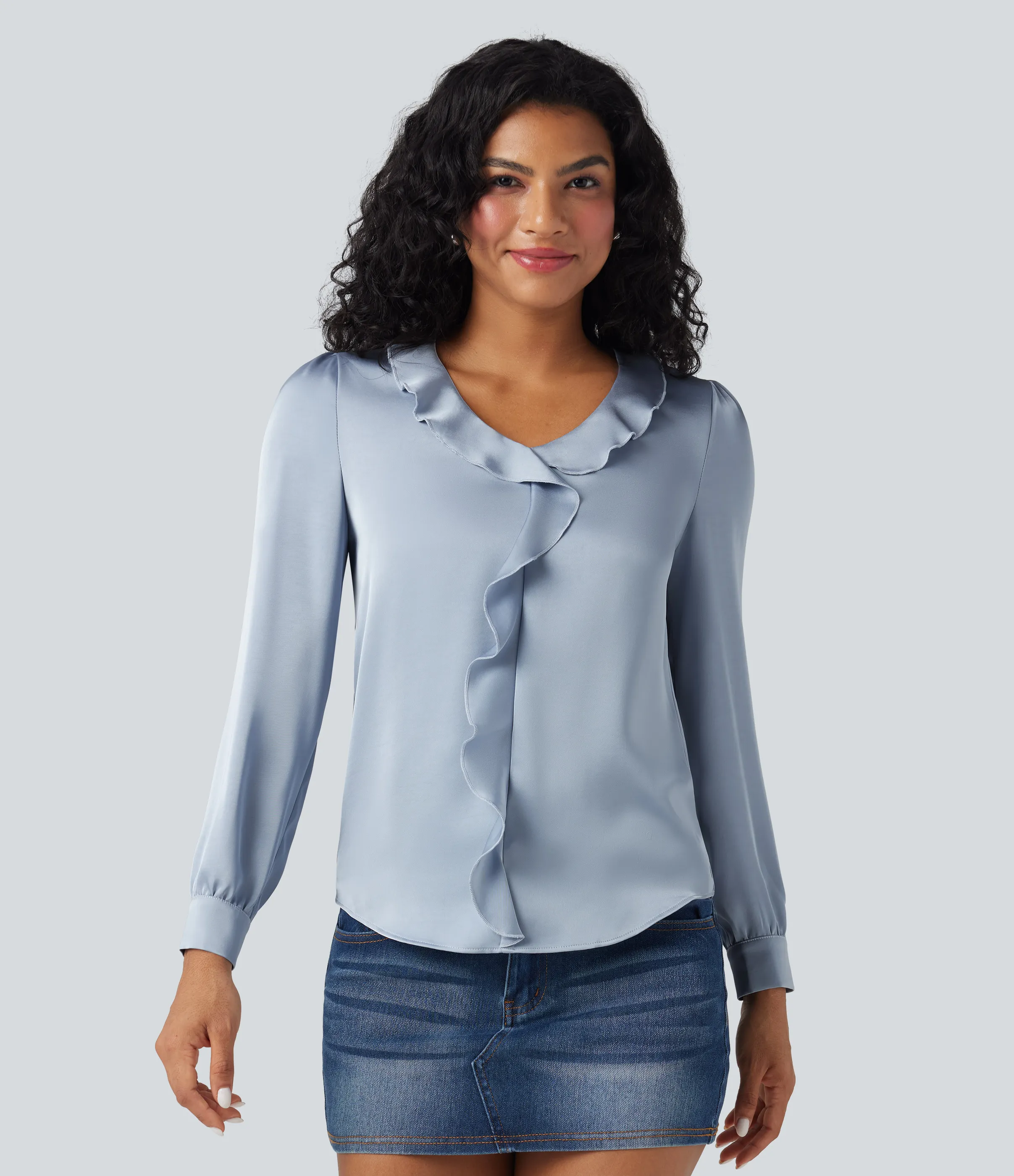 Halara Camisa casual de satén con cuello en V y manga larga con ribete de volantes - Sheer Blue - L sold by Halara product image thumbnail 4