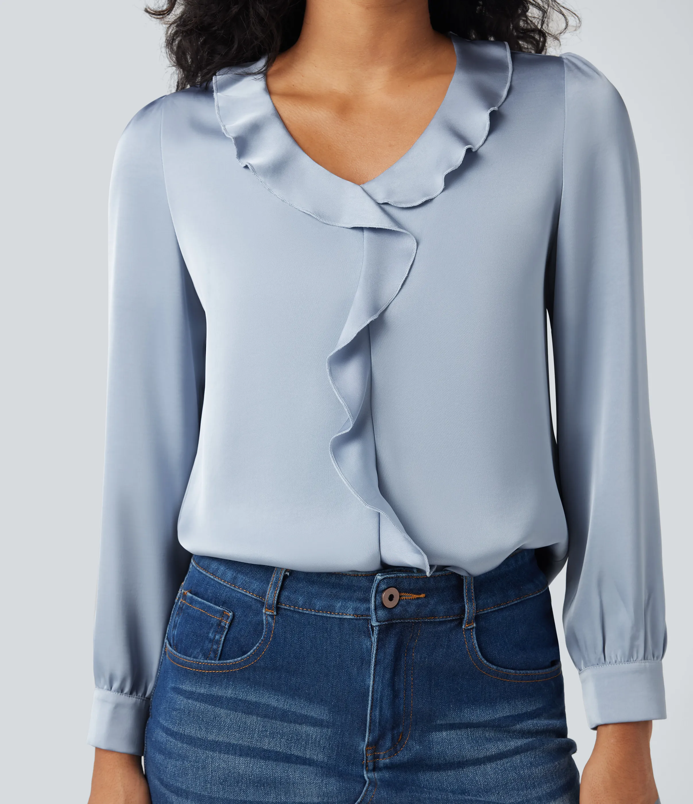 Halara Camisa casual de satén con cuello en V y manga larga con ribete de volantes - Sheer Blue - L sold by Halara product image thumbnail 5