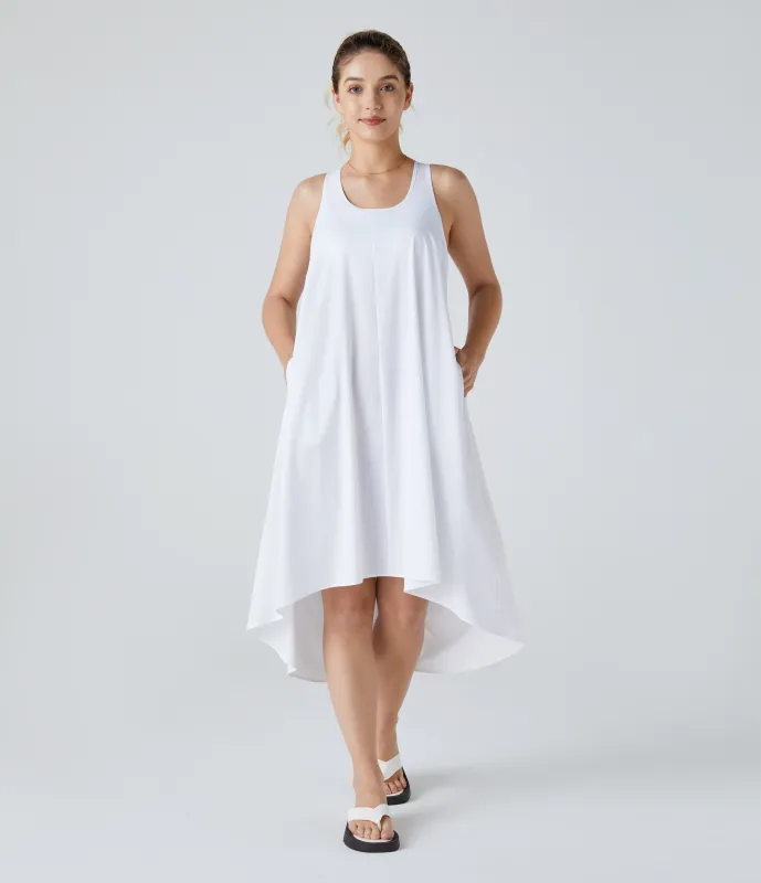 Halara Vestido casual midi Breezeful™ racerback sin espalda con bolsillos laterales, dobladillo asimétrico y secado rápido en copas D-F - White - XS sold by Halara