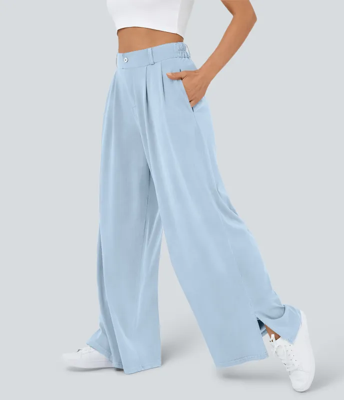 Halara Pantalón ancho tiro alto plisado bolsillo lateral dobladillo dividido cremallera botón - Sunny Blue Denim - XS(regular) sold by Halara