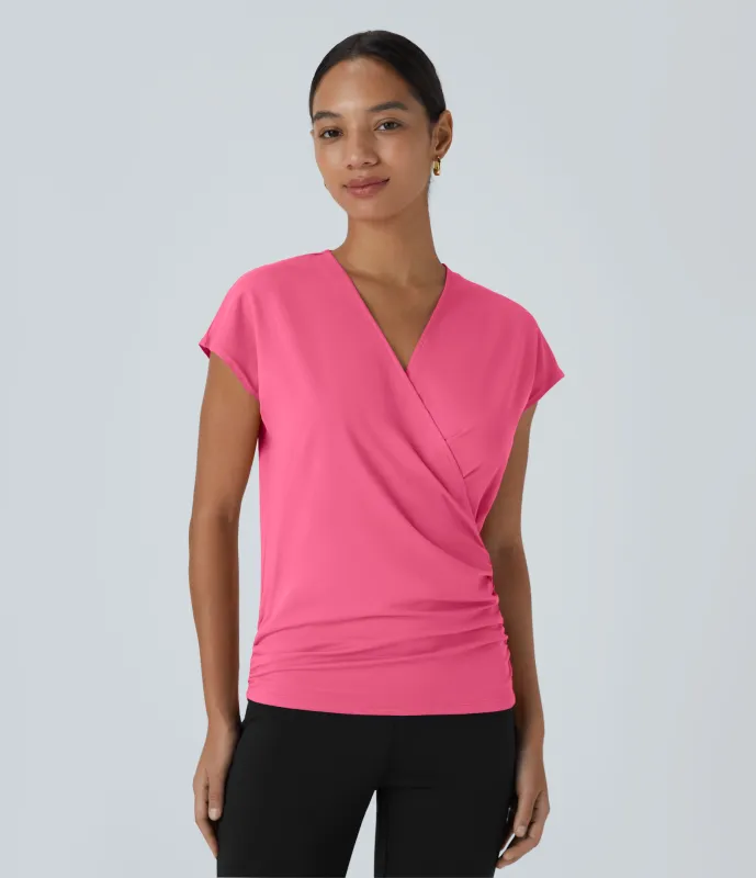 Halara Blusa oficina sólida pliegue cruzado manga japonesa cuello V - Camellia Rose - L sold by Halara