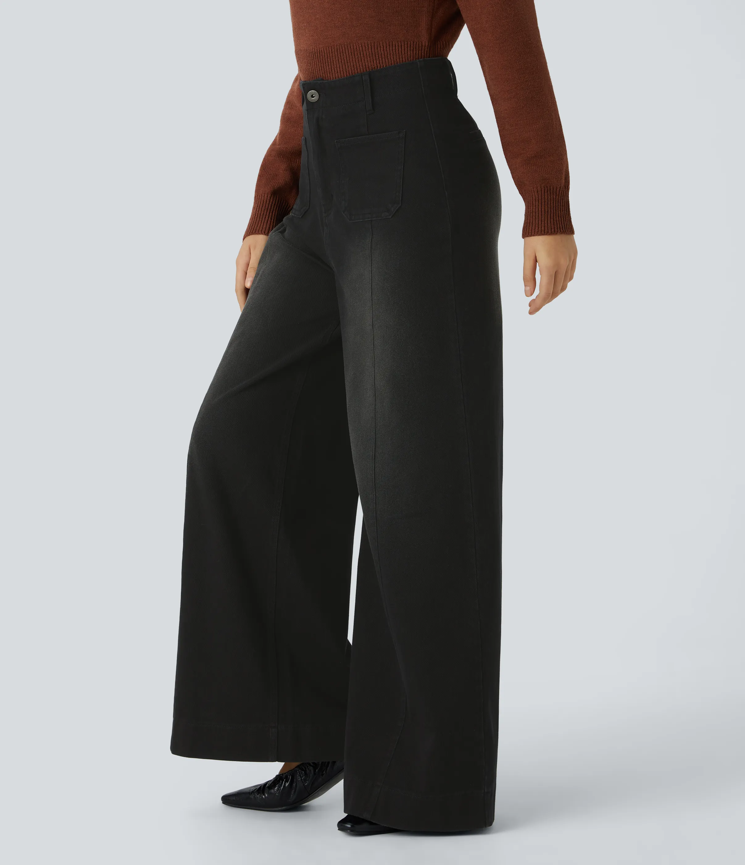 Halara Jeans Halara Flex™ Denim pierna ancha elástico lavado bolsillo delantero tiro alto - Coal Black Denim - S(regular) sold by Halara product image thumbnail 4