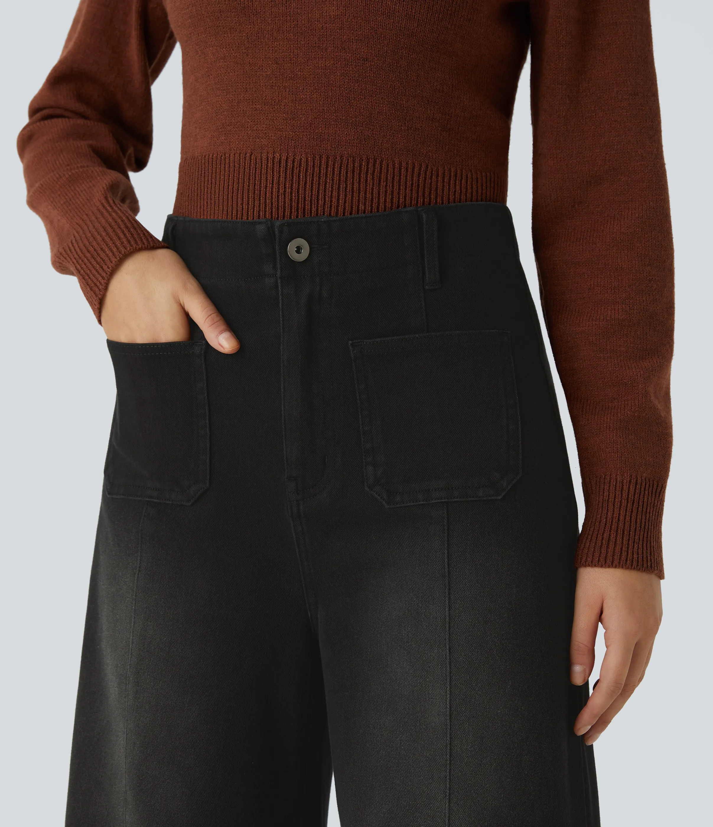 Halara Jeans Halara Flex™ Denim pierna ancha elástico lavado bolsillo delantero tiro alto - Coal Black Denim - S(regular) sold by Halara product image thumbnail 5