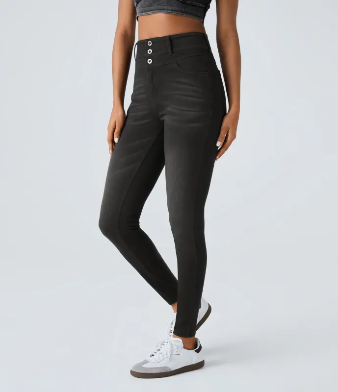 Halara Jeans Halara Flex™ Denim ajustado elástico múltiple bolsillo cremallera botones tiro alto - Dirty Grey Black Denim - L(regular) sold by Halara