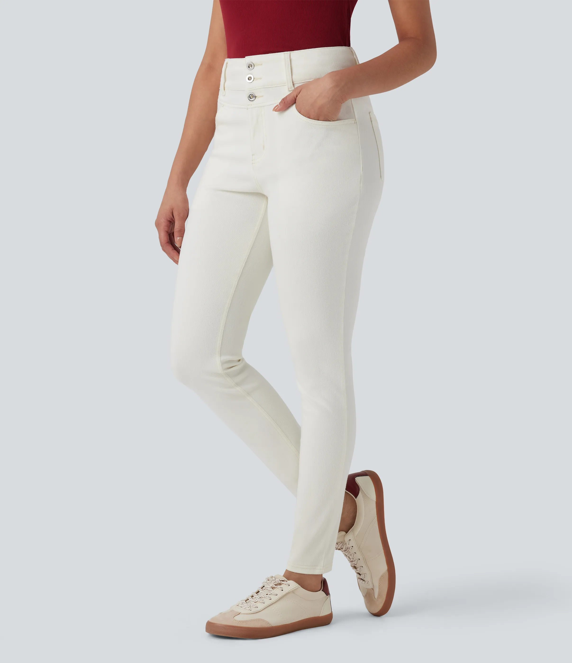 Halara Jeans Halara Flex™ Denim ajustado elástico múltiple bolsillo cremallera botones tiro alto - Ivory Denim - S(regular) sold by Halara product image thumbnail 2
