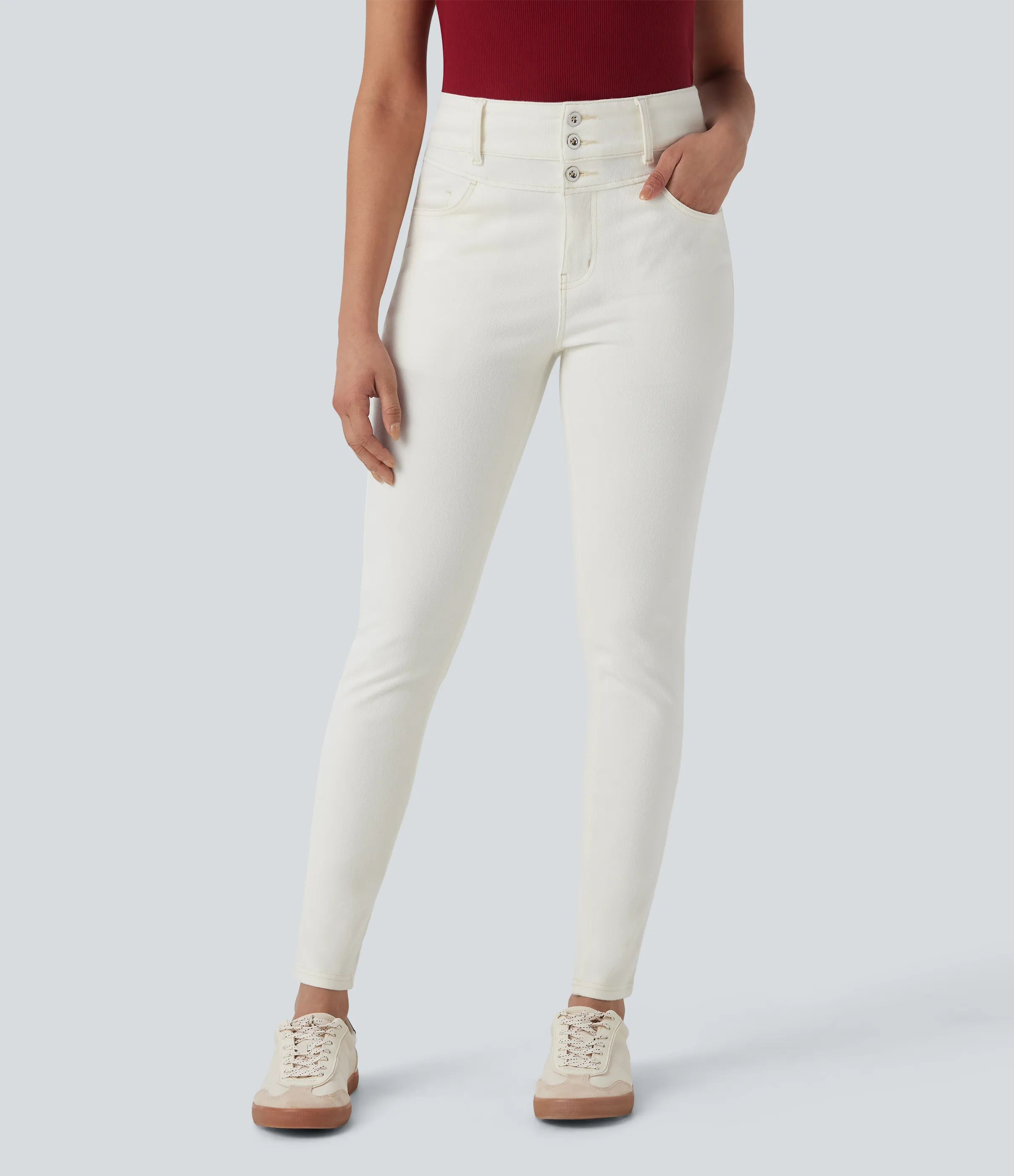 Halara Jeans Halara Flex™ Denim ajustado elástico múltiple bolsillo cremallera botones tiro alto - Ivory Denim - S(regular) sold by Halara product image thumbnail 4