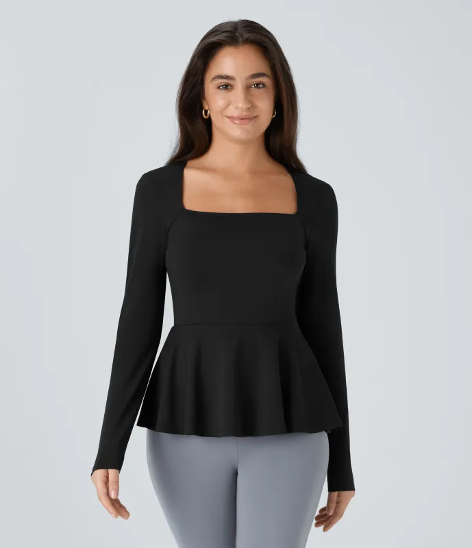 Halara Blusa oficina cuello cuadrado manga larga dobladillo volante - Black - L sold by Halara