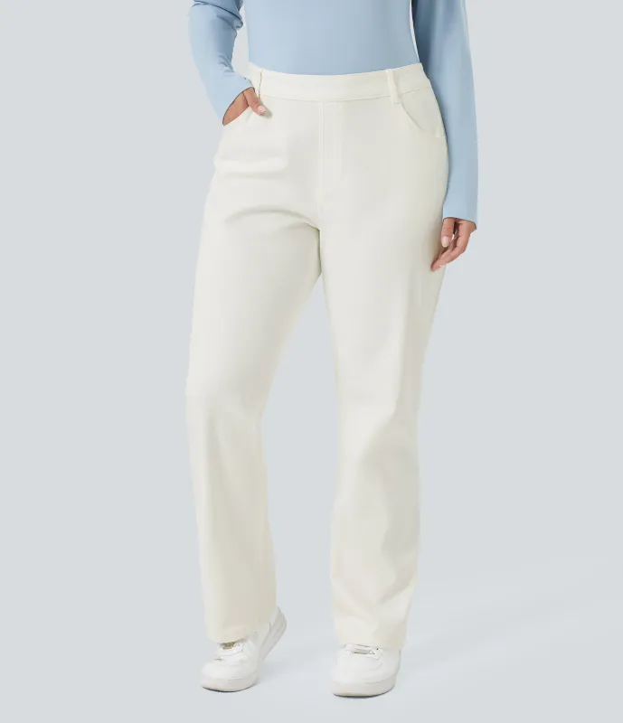 Halara Jeans Halara Flex™ Denim tiro alto elástico lavado pierna recta múltiple bolsillo talla grande - Beige Denim - 1X(regular) sold by Halara