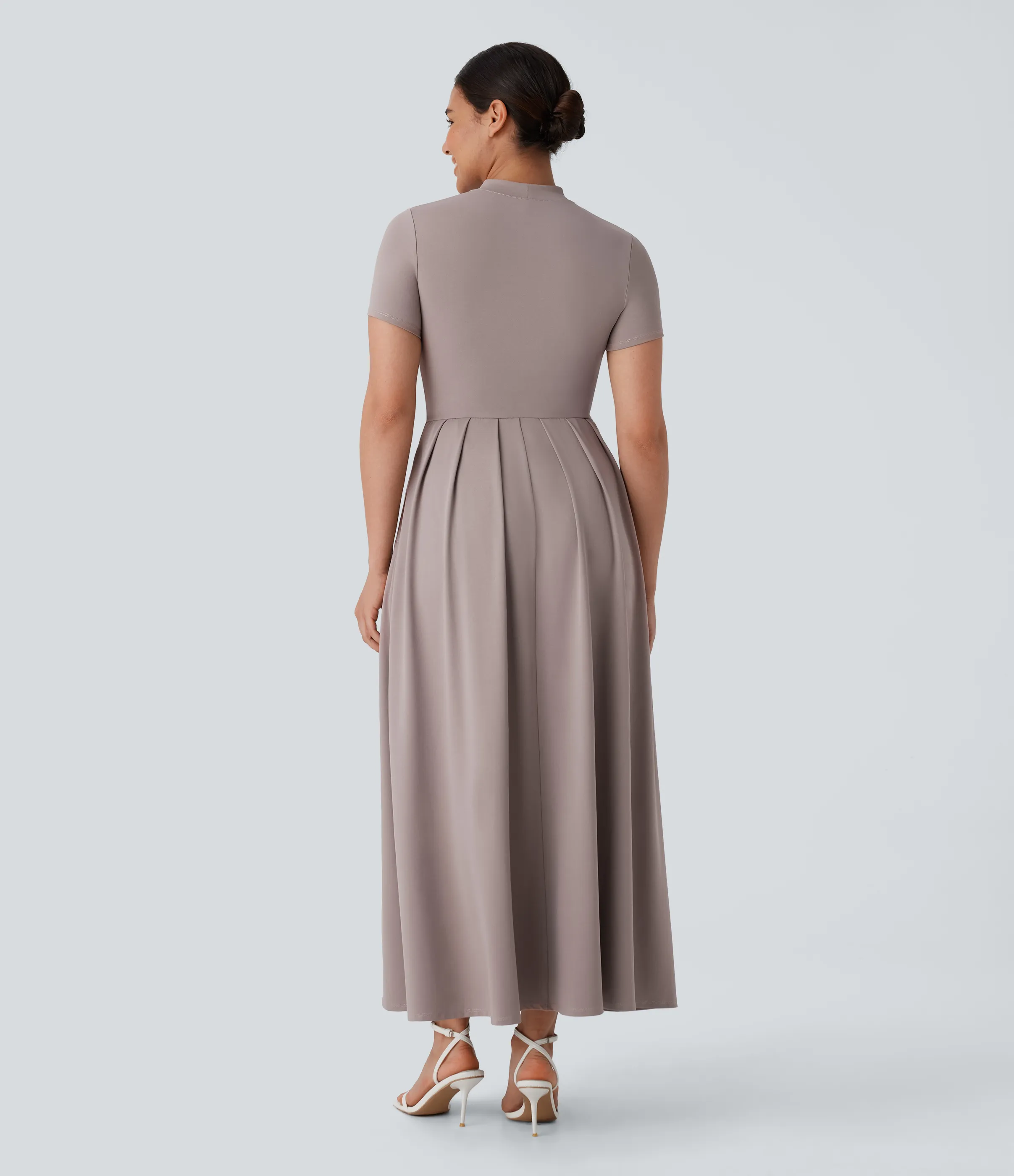 Halara Vestido largo acampanado bolsillo lateral manga corta cuello alto - Weathered Teak - M sold by Halara product image thumbnail 3