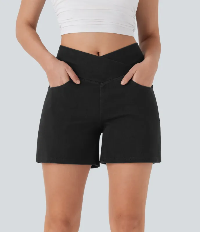 Halara Pantalón corto Halara Flex™ Denim mezclilla elástico lavado tiro alto múltiple bolsillo - Meteorite Black Denim - L(regular) sold by Halara