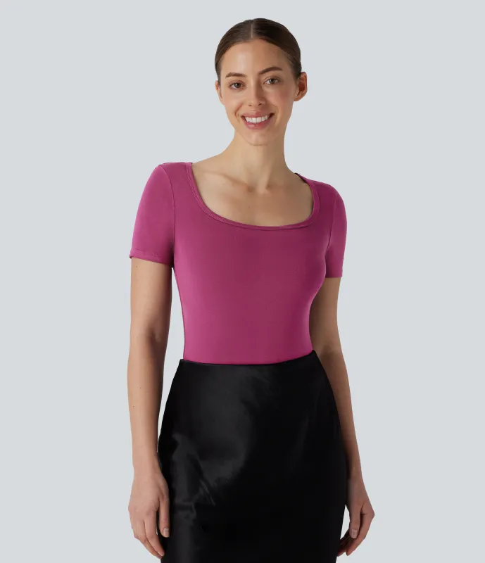 Halara Body oficina ajustado botón presión manga corta cuello U - Red Violet - XL sold by Halara