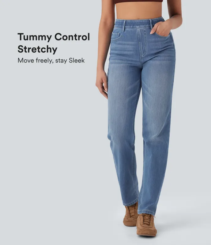 Halara Jeans Halara Flex™ Denim elástico lavado pierna recta tiro alto control abdomen múltiple bolsillo - Blue Spruce Denim - L(regular) sold by Halara