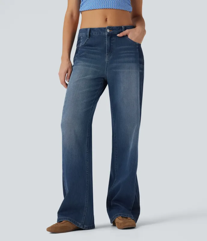 Halara Jeans casuales anchos Halara Flex™ de tiro bajo con bloques de color y bolsillos - Ensign Blue Denim - L(regular) sold by Halara