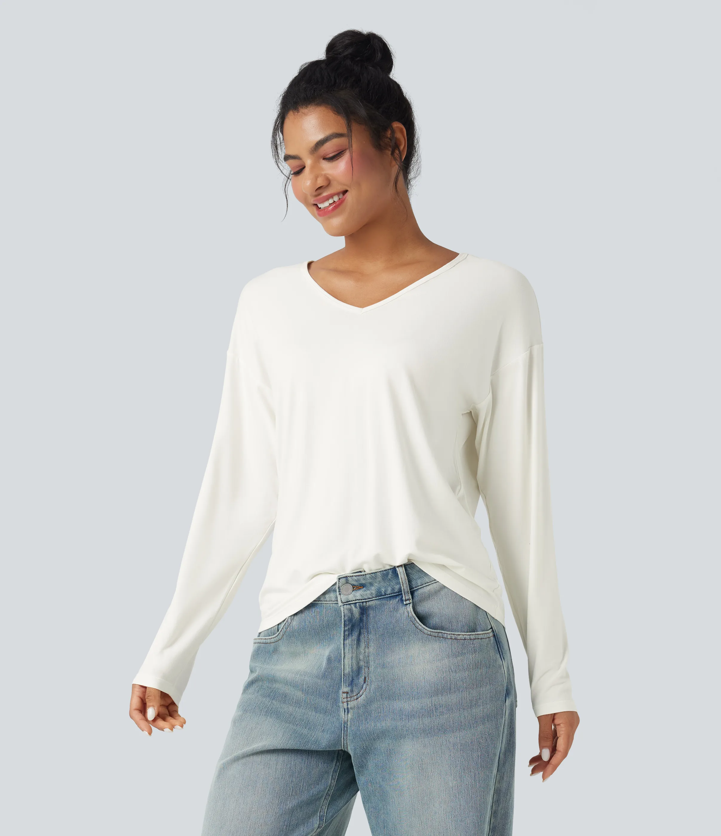 Halara Top casual de manga larga con cuello en V - White - XL sold by Halara product image thumbnail 4