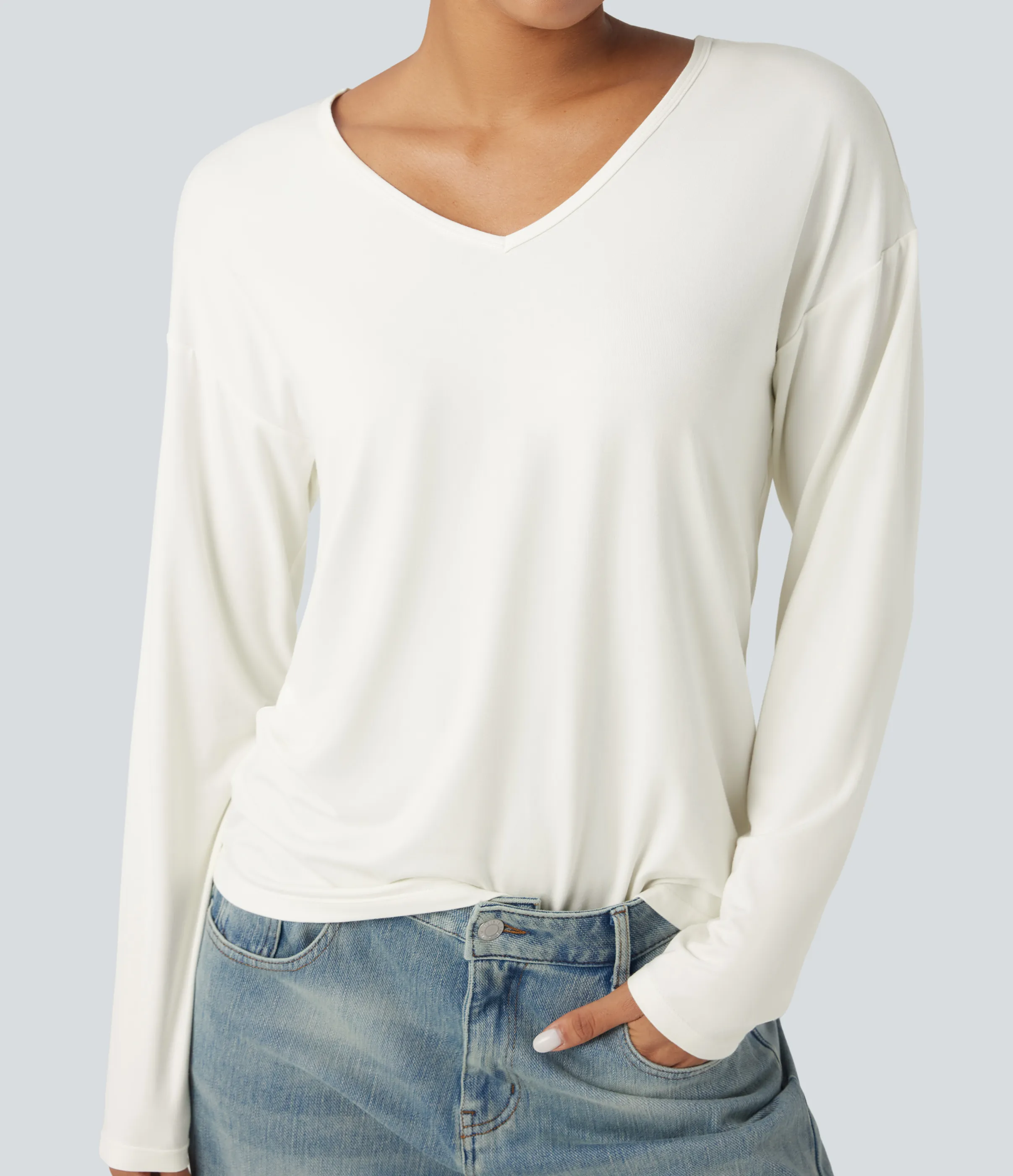 Halara Top casual de manga larga con cuello en V - White - XL sold by Halara product image thumbnail 5