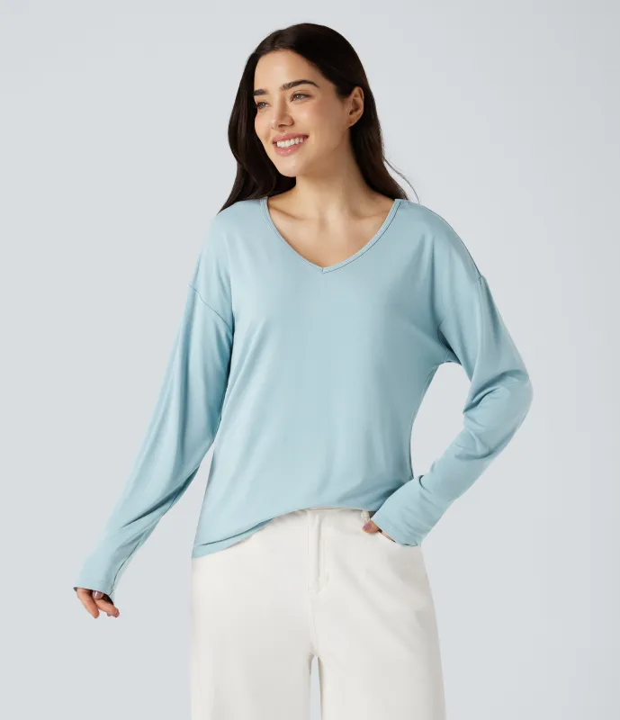 Halara Top casual de manga larga con cuello en V - Corydalis Blue - M sold by Halara