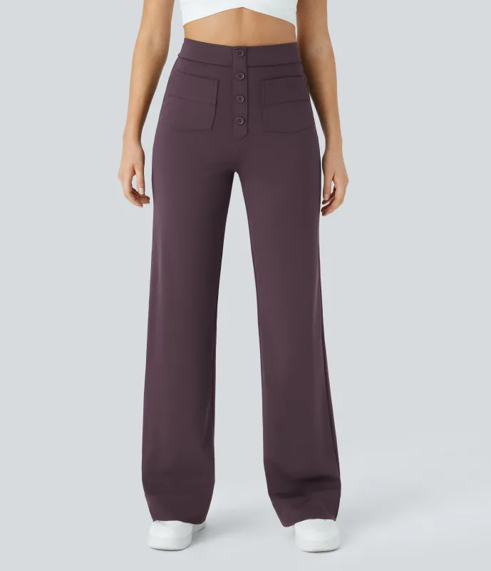 Halara Pantalones pierna recta múltiple bolsillo botón tiro alto - Dusky Evening purple - M(regular) sold by Halara