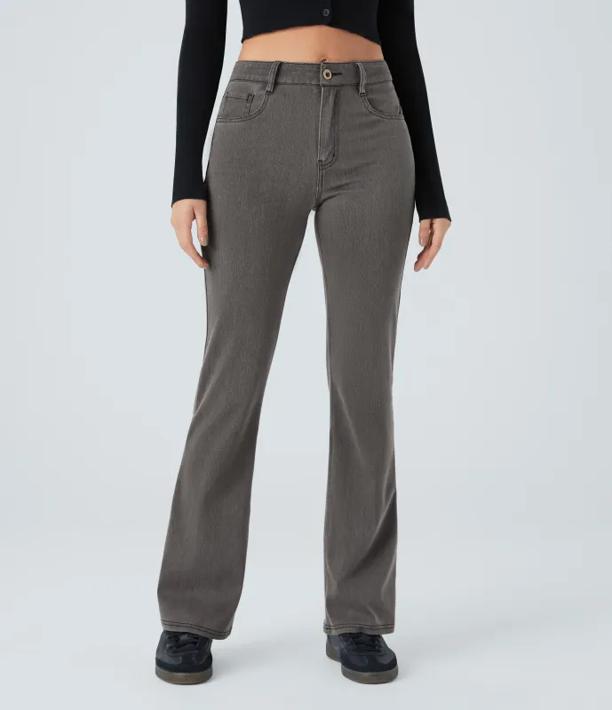 Halara Jeans Halara Flex™ Denim en corte de bota elásticos de tiro medio con botón y bolsillos - Hemp Black Denim - M(petite) sold by Halara