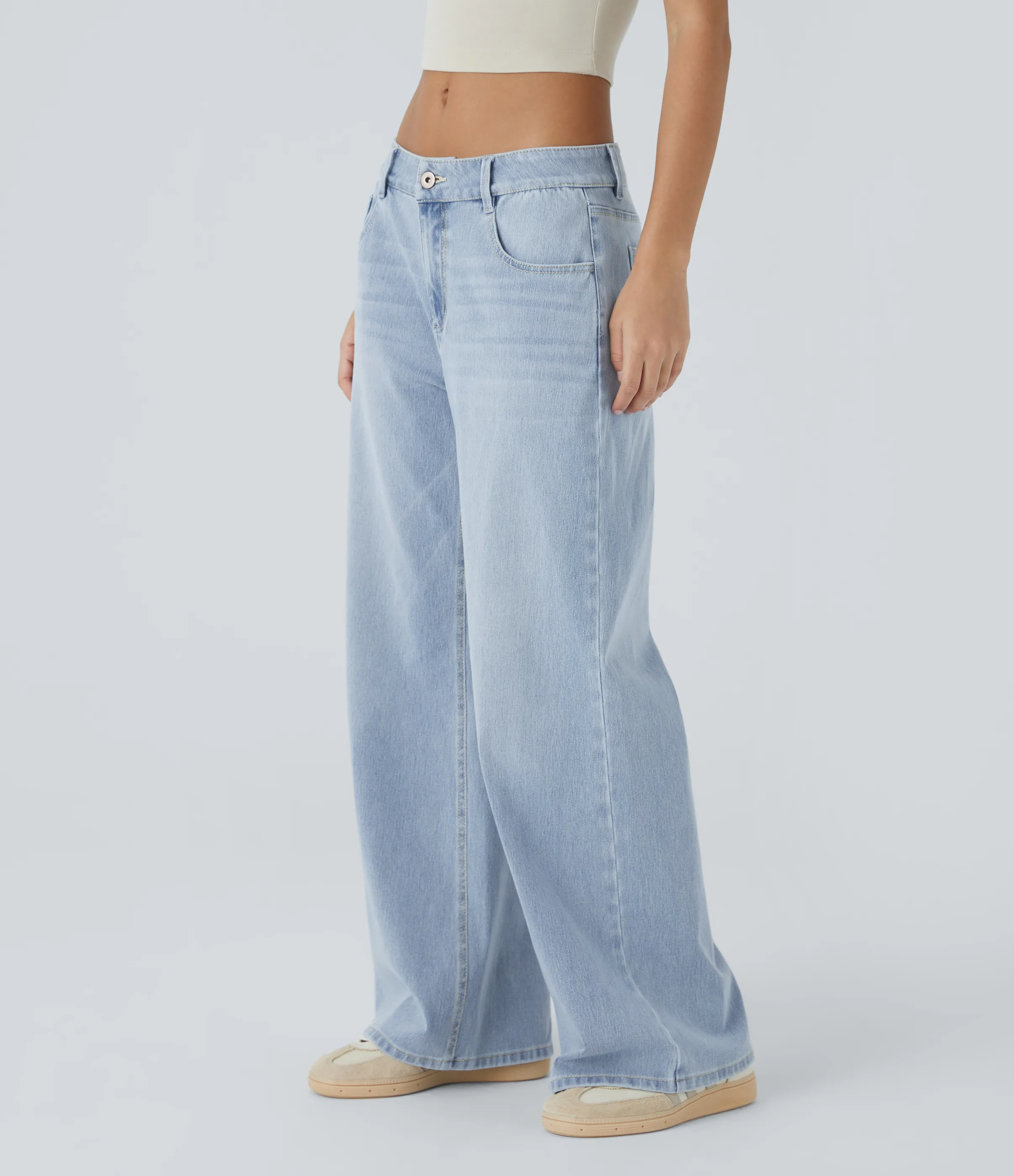 Halara Jeans Baggy Halara Flex™ Denim tiro bajo botón cremallera múltiple bolsillo elástico lavado holgado pierna ancha - Light Azure Denim - M(regular) sold by Halara product image thumbnail 4