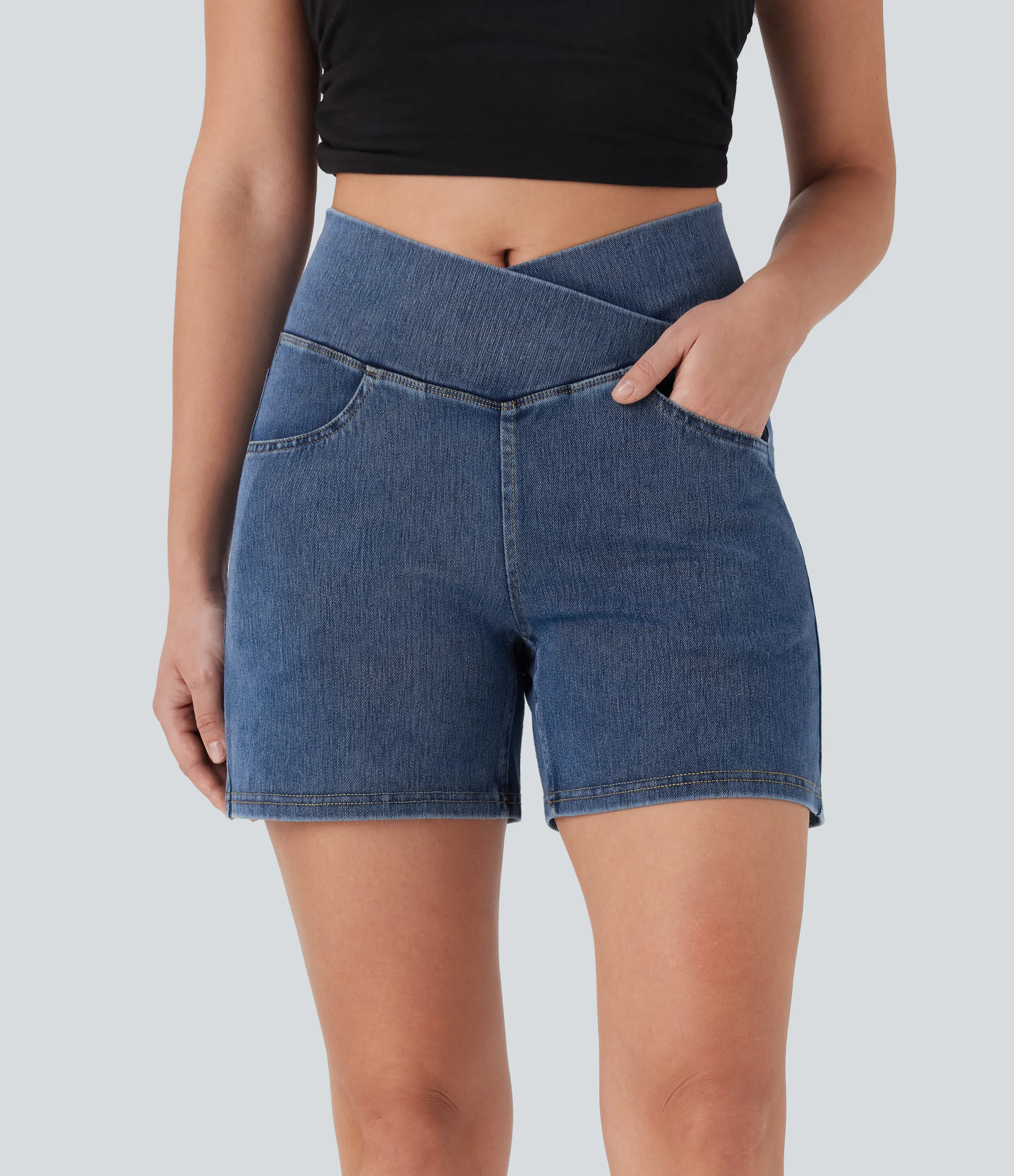 Halara Pantalón corto Halara Flex™ Denim mezclilla elástico lavado tiro alto múltiple bolsillo - Tide Blue Denim - S(regular) sold by Halara