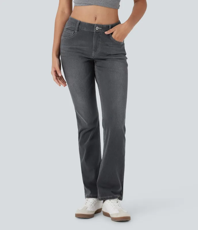 Halara Jeans Halara Flex™ Denim tiro bajo botón cremallera múltiple bolsillo elástico lavado - Dirty Black Denim - XS(tall) sold by Halara