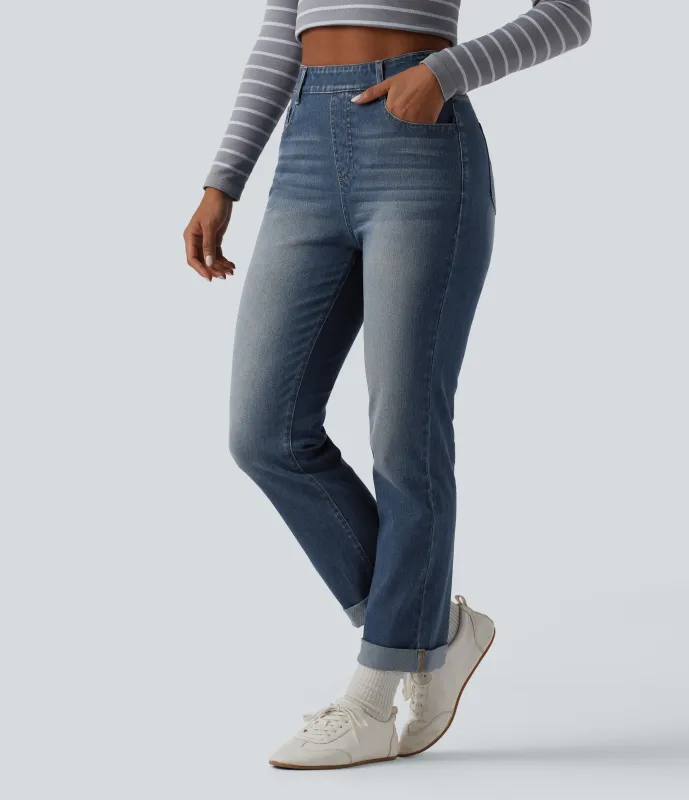 Halara Jeans ajustados casuales Halara Flex™ de tiro alto con dobladillo enrollado y bolsillos - Blue Surf Denim - XL(regular) sold by Halara