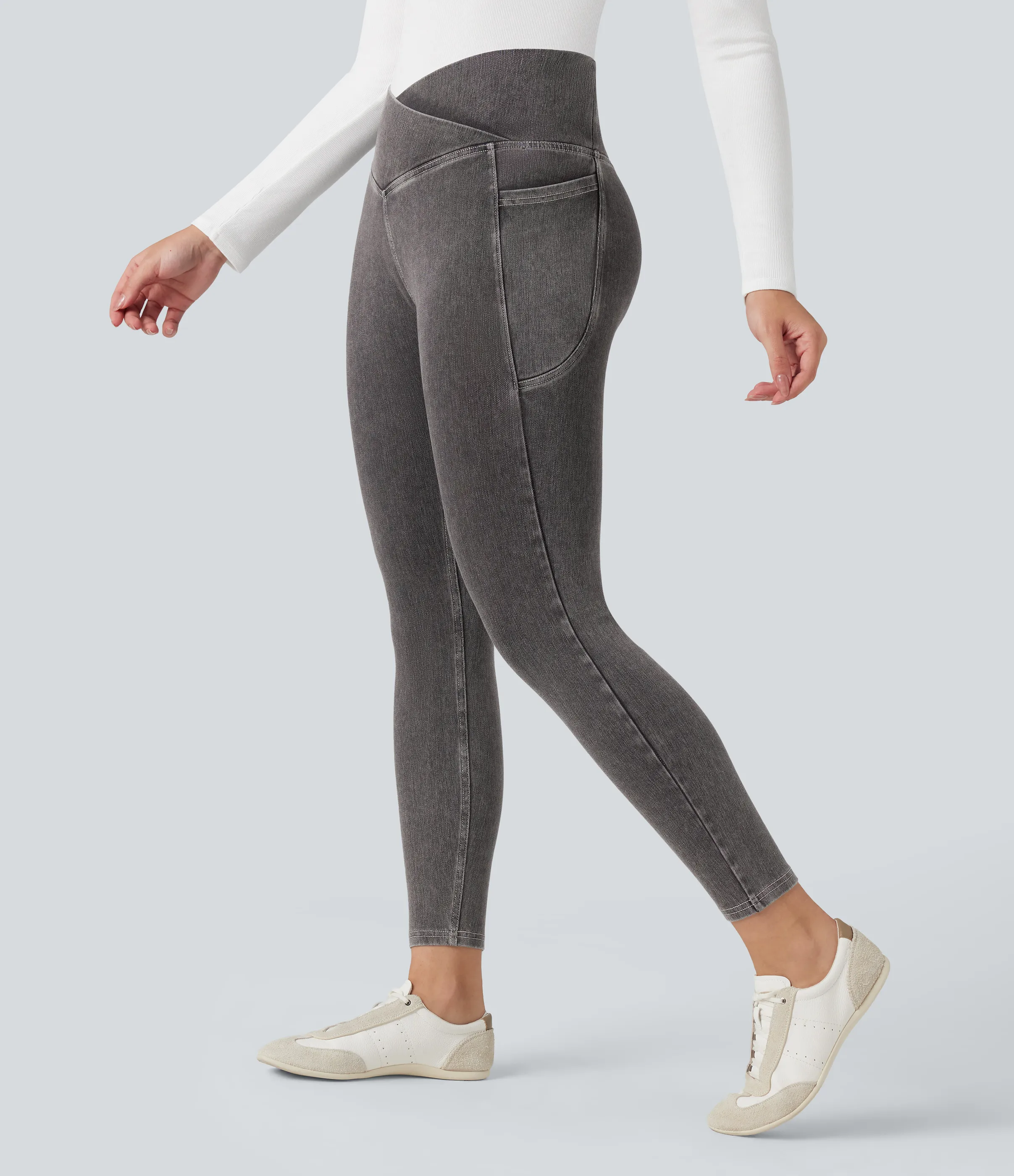 Halara Leggings Halara Flex™ Denim oficina mezclilla elástico lavado bolsillo lateral cruzado - Cool Gray Denim - XS(7/8) sold by Halara product image thumbnail 2