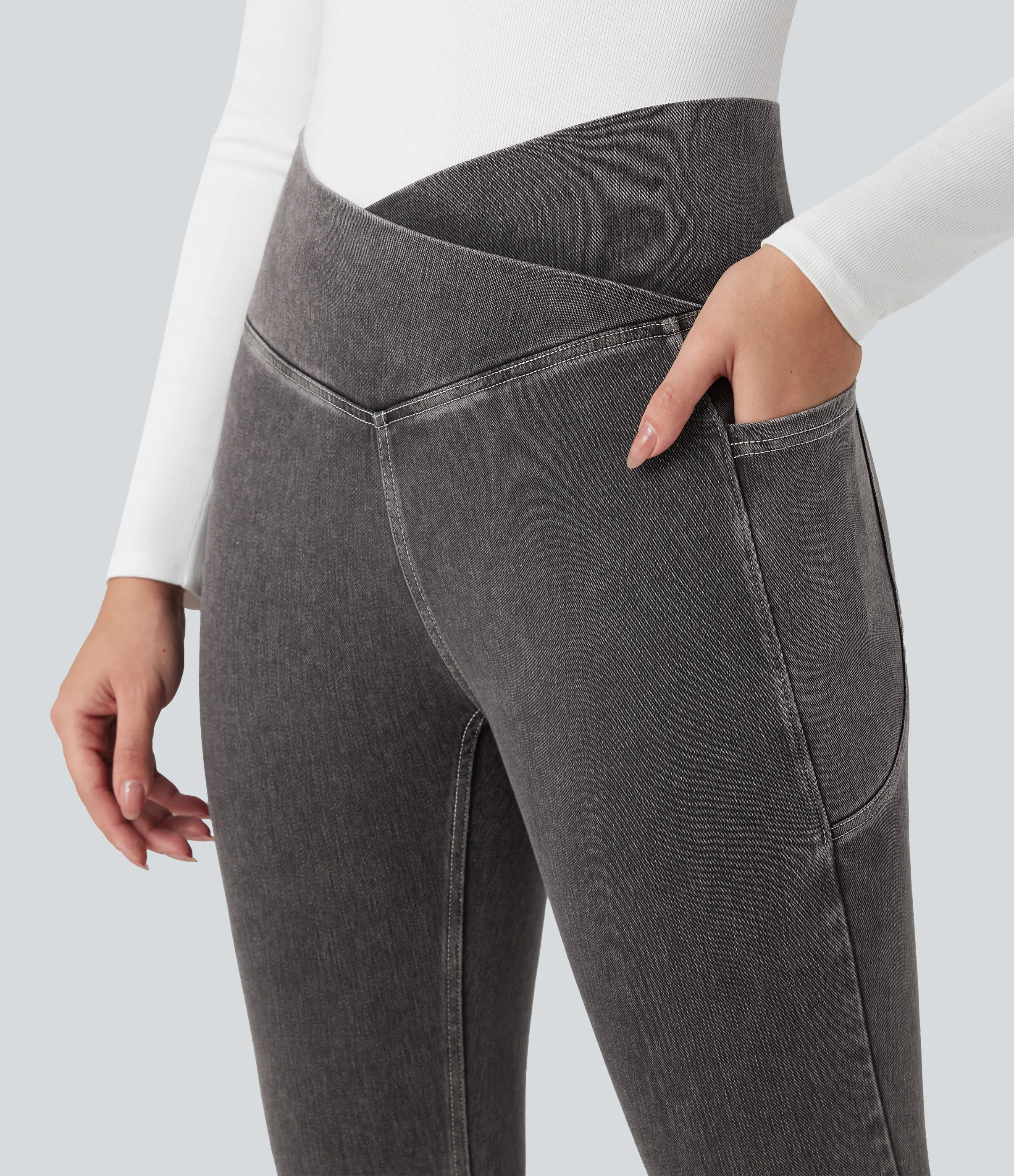 Halara Leggings Halara Flex™ Denim oficina mezclilla elástico lavado bolsillo lateral cruzado - Cool Gray Denim - XS(7/8) sold by Halara product image thumbnail 5