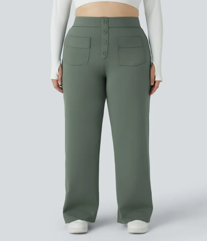 Halara Pantalón tiro alto botón múltiple bolsillo pierna recta talla grande - Deep Aquamarine - 1X sold by Halara