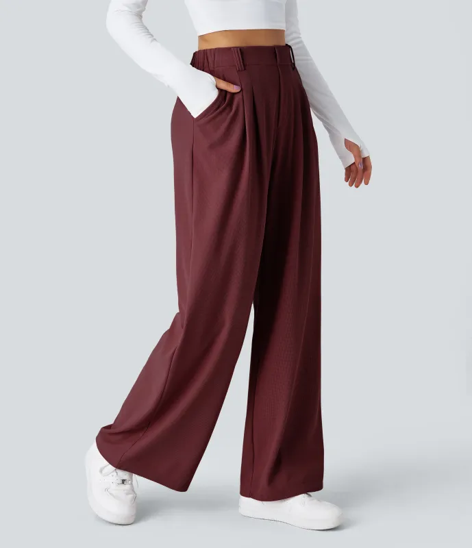 Halara Pantalones Halara Flex™ de oficina anchos plisados de tiro alto con bolsillos en tela tipo gofre - New Maroon - XL(regular) made by Halara
