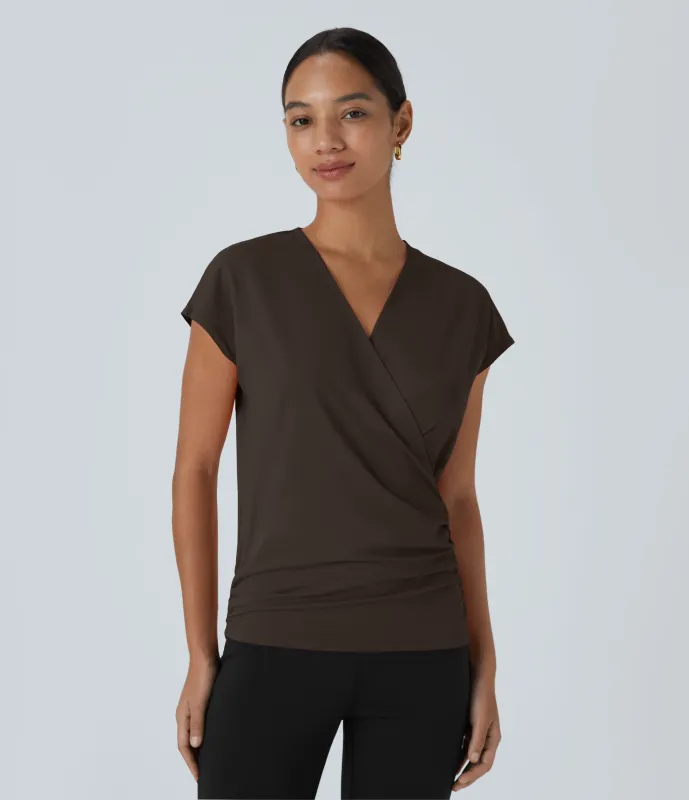 Halara Blusa oficina sólida pliegue cruzado manga japonesa cuello V - Delicioso - L sold by Halara