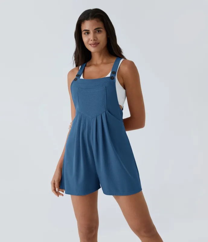 Halara Overol botón correa ajustable bolsillo múltiple gofre plisado - Dark Blue - L sold by Halara