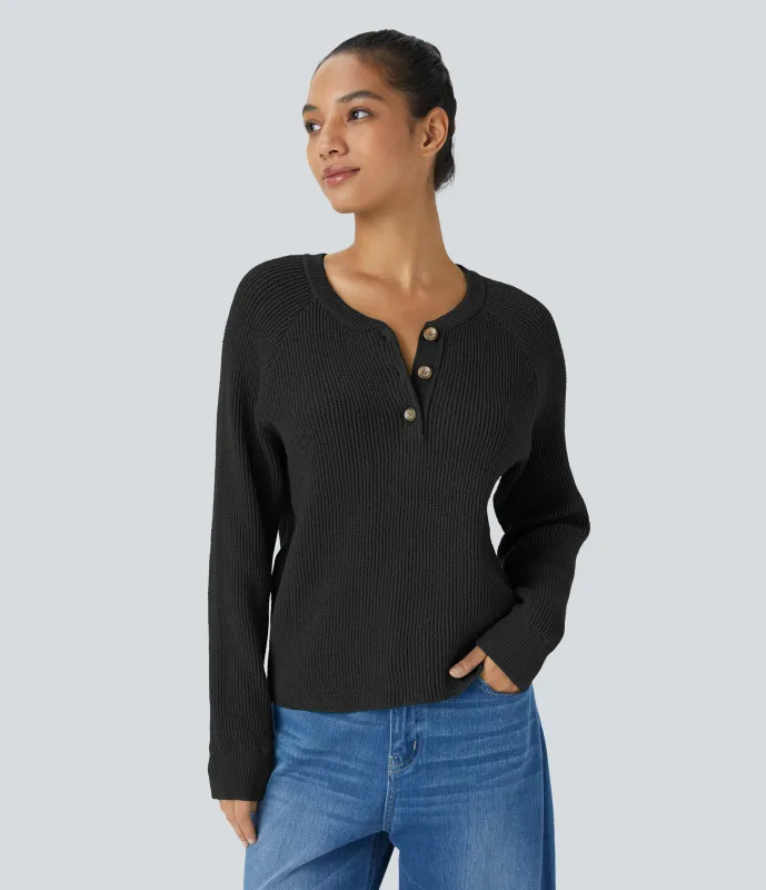 Halara Suéter manga larga botón delantera cuello redondo - Black - S made by Halara