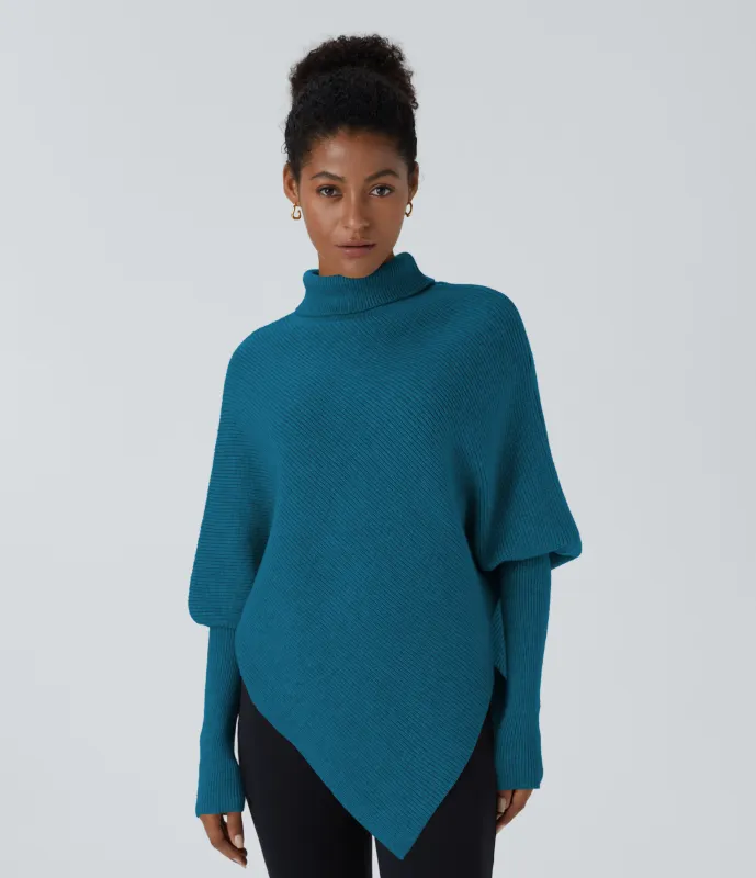 Halara Suéter oficina cuello alto manga larga dobladillo asimétrico - Deep Lagoon - S sold by Halara