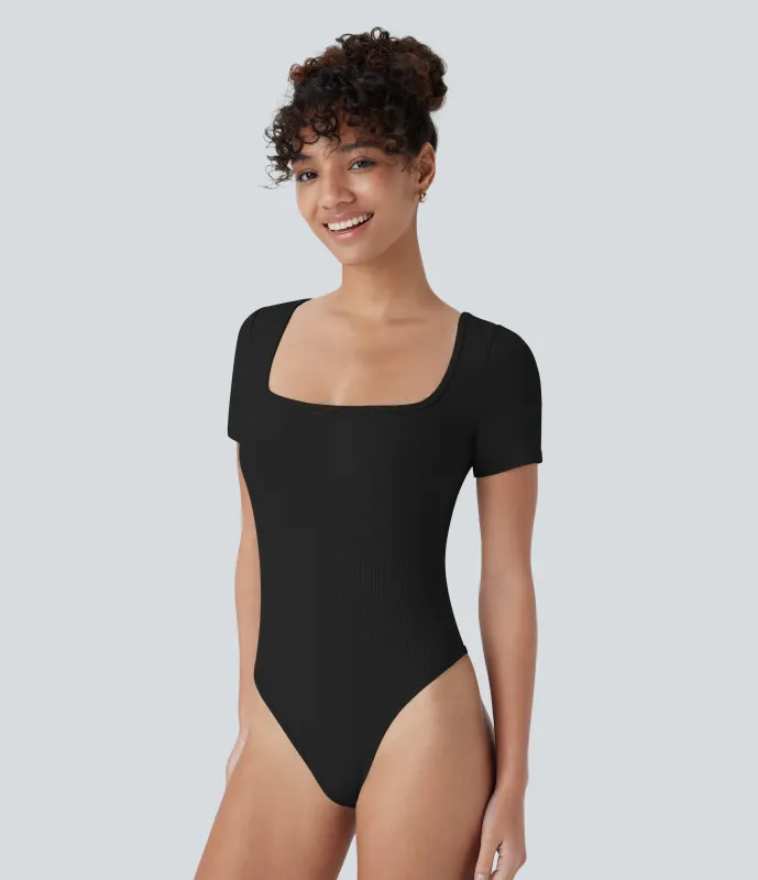 Halara Body oficina ajustado botón manga corta cuello cuadrado punto acanalado - Black - S sold by Halara