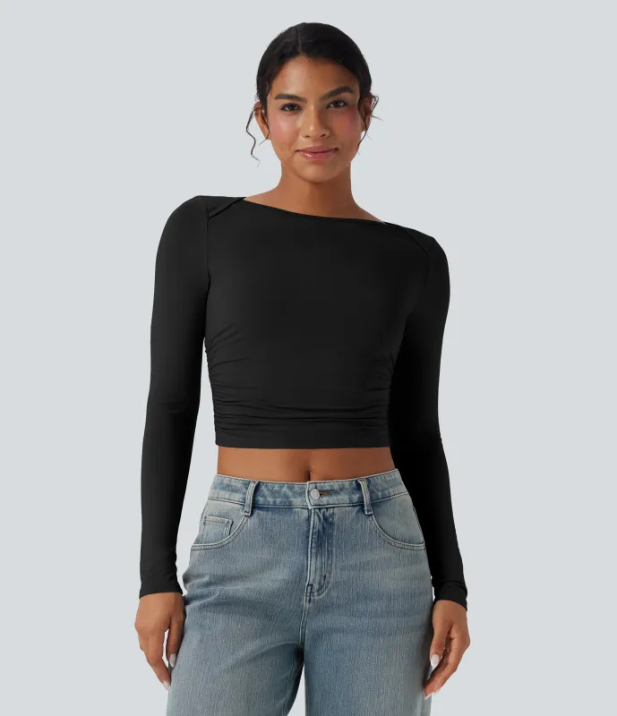 Halara Top casual corto fruncido de manga larga con cuello barco - Black - L sold by Halara