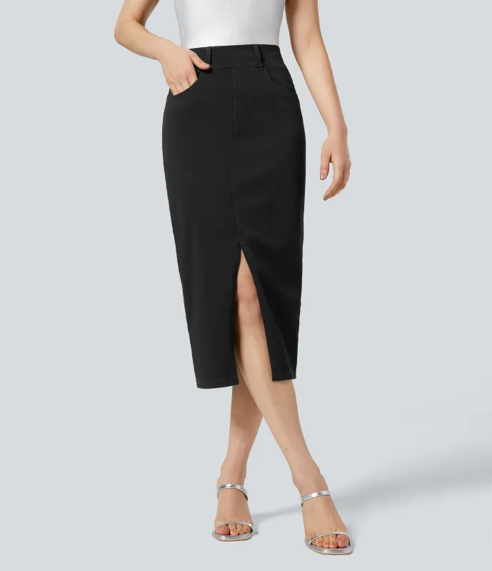 Halara Falda Halara Flex™ Denim mezclilla elástica midi múltiples bolsillos tiro alto - Black Denim - XS(regular) sold by Halara