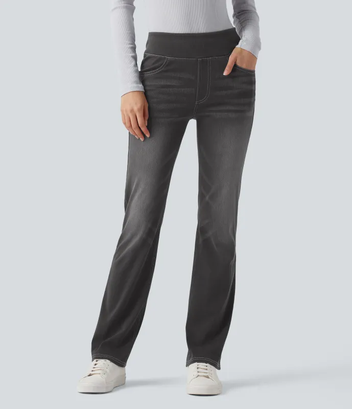 Halara Jeans Halara Flex™ Denim tiro alto lavado elástico múltiple bolsillo corte acampanado - Charcoal Black Denim - S(petite) sold by Halara