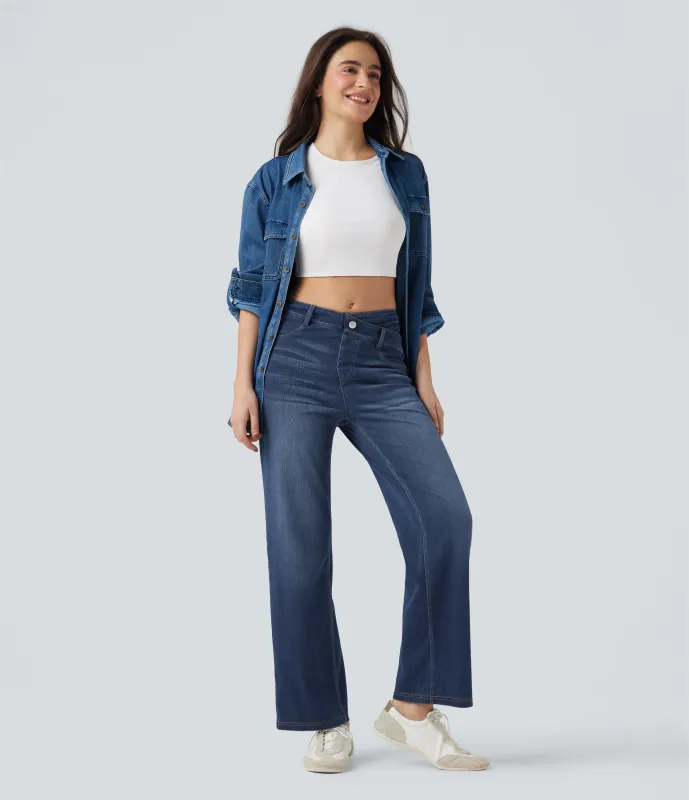 Halara Jeans casuales rectos Halara Flex™ de tiro medio cruzado con control de abdomen y bolsillos - Estate Blue Denim - M(regular) sold by Halara